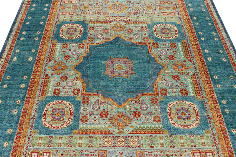 6x8 Green and Blue Turkish Tribal Rug