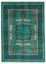 6x8 Green and Navy Turkish Tribal Rug