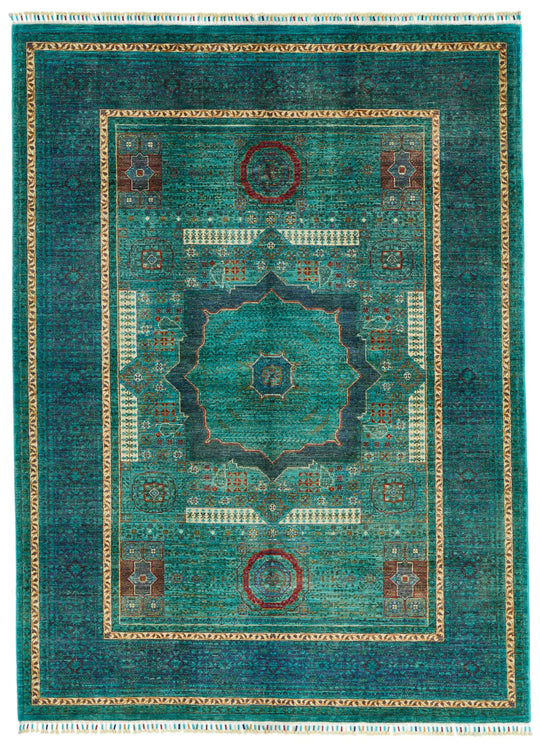 6x8 Green and Navy Turkish Tribal Rug