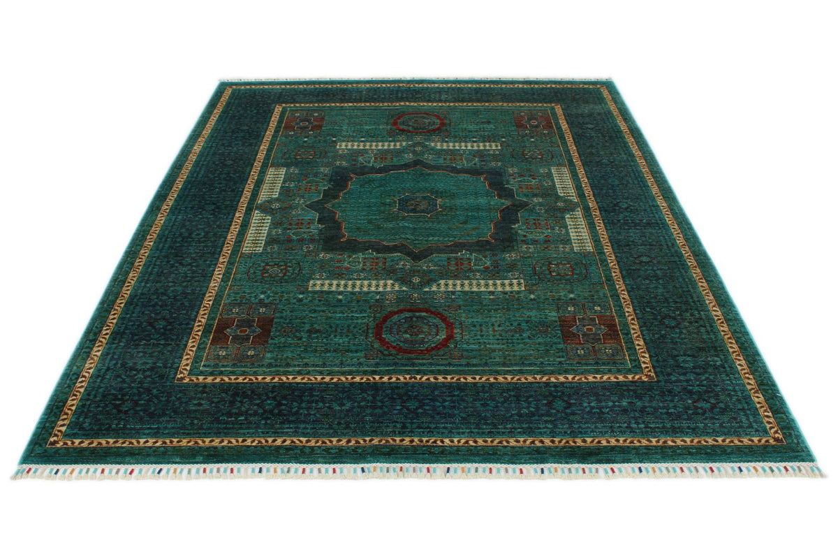 6x8 Green and Navy Turkish Tribal Rug