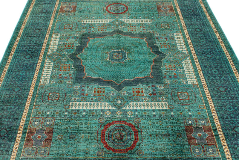 6x8 Green and Navy Turkish Tribal Rug