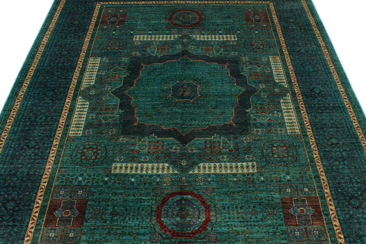 6x8 Green and Navy Turkish Tribal Rug