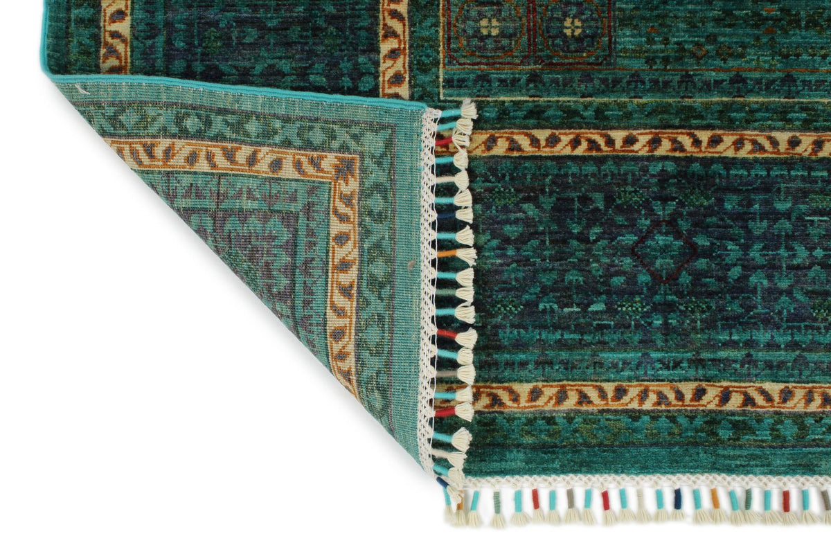 6x8 Green and Navy Turkish Tribal Rug