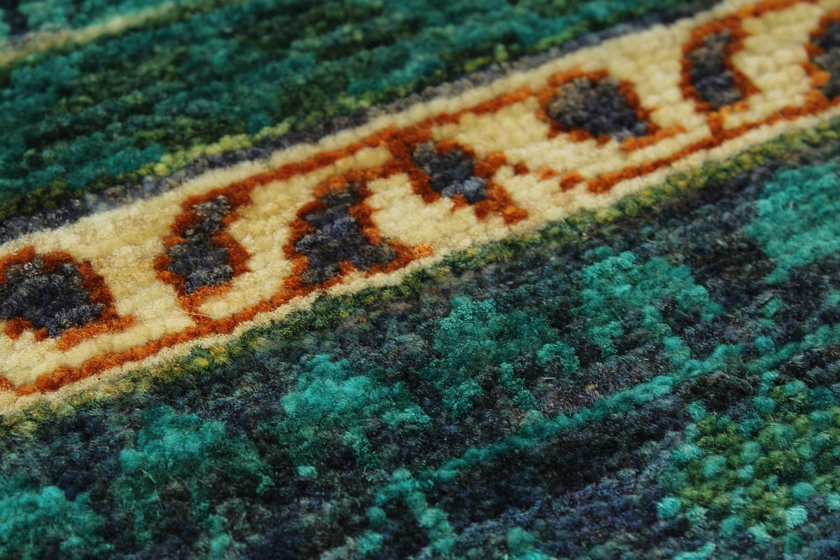 6x8 Green and Navy Turkish Tribal Rug