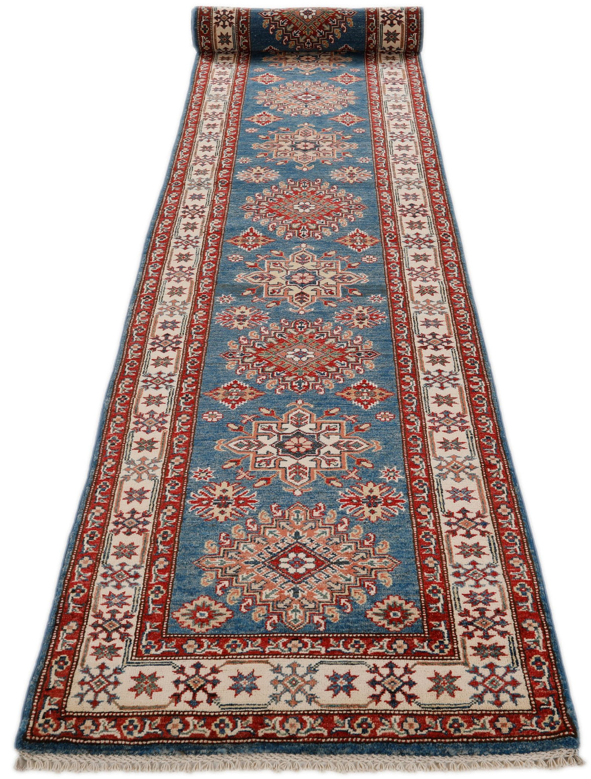3x19 Blue and Ivory Kazak Tribal Runner