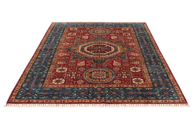 6x8 Red and Blue Turkish Tribal Rug