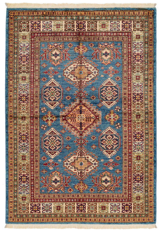 4x6 Blue and Ivory Kazak Tribal Rug