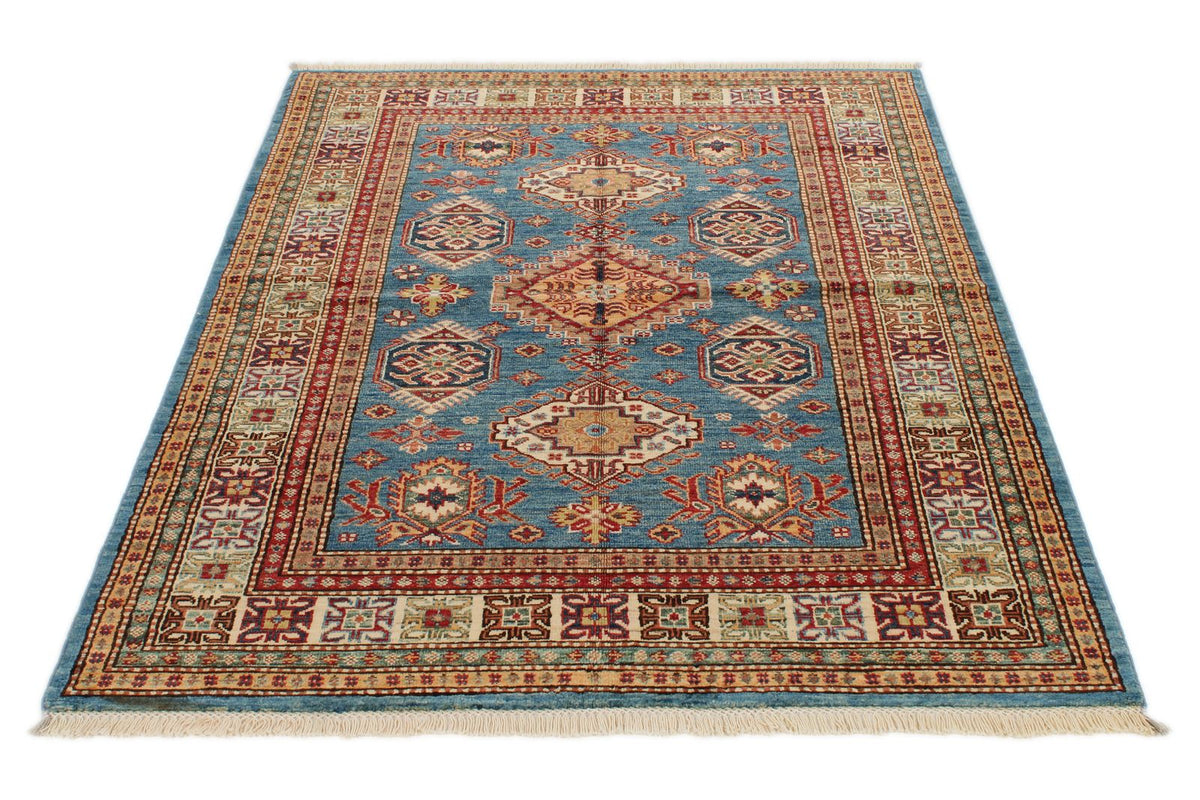 4x6 Blue and Ivory Kazak Tribal Rug