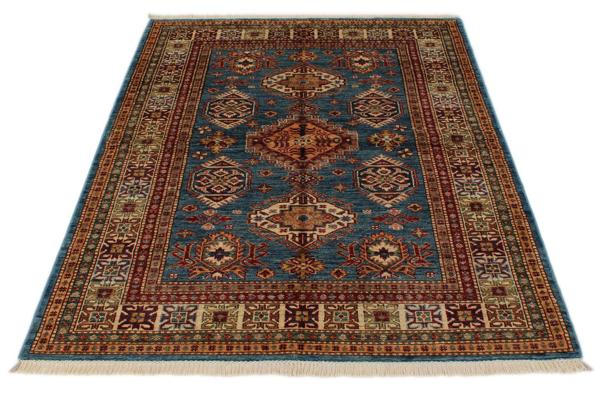 4x6 Blue and Ivory Kazak Tribal Rug