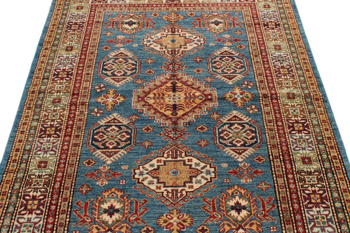 4x6 Blue and Ivory Kazak Tribal Rug