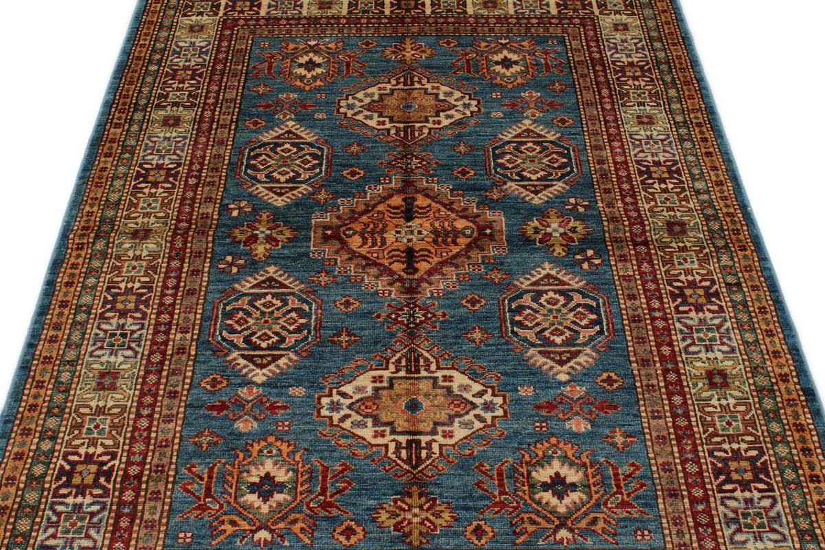4x6 Blue and Ivory Kazak Tribal Rug