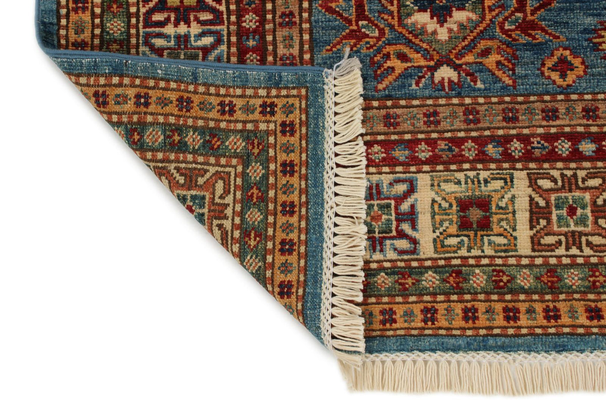 4x6 Blue and Ivory Kazak Tribal Rug