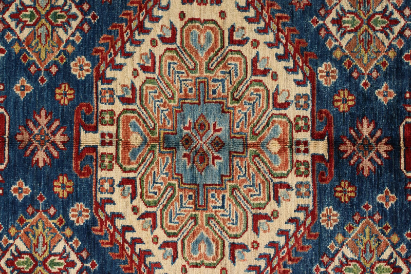 4x6 Navy and Ivory Kazak Tribal Rug