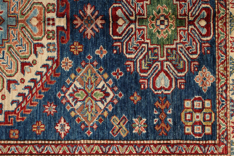 4x6 Navy and Ivory Kazak Tribal Rug