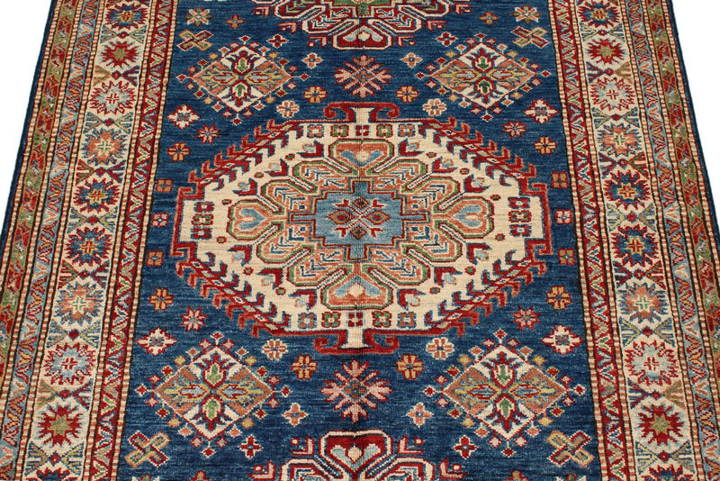 4x6 Navy and Ivory Kazak Tribal Rug