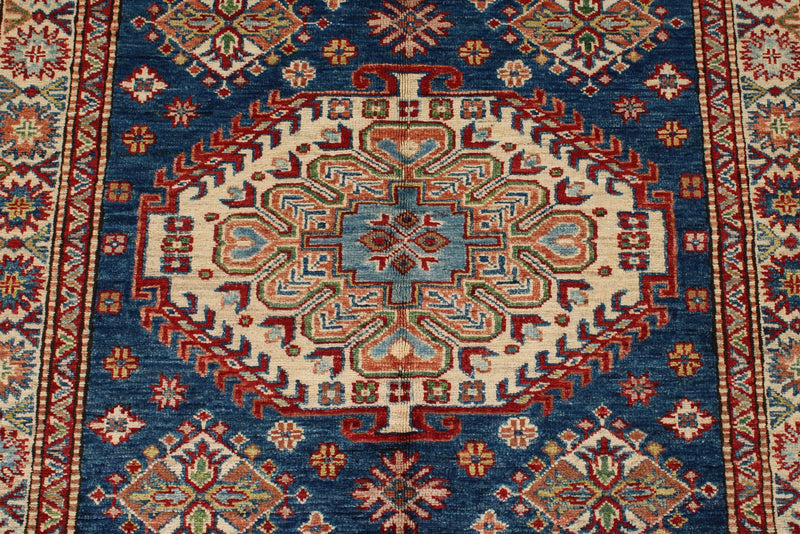 4x6 Navy and Ivory Kazak Tribal Rug