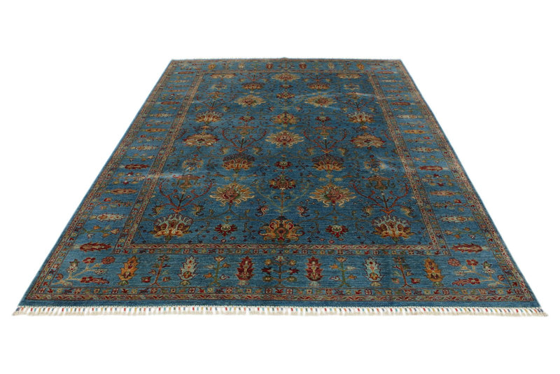 7x10 Blue and Multicolor Turkish Tribal Rug