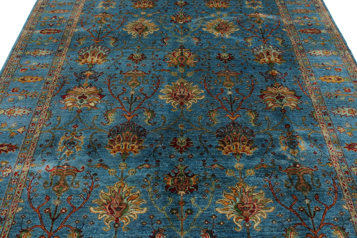 7x10 Blue and Multicolor Turkish Tribal Rug