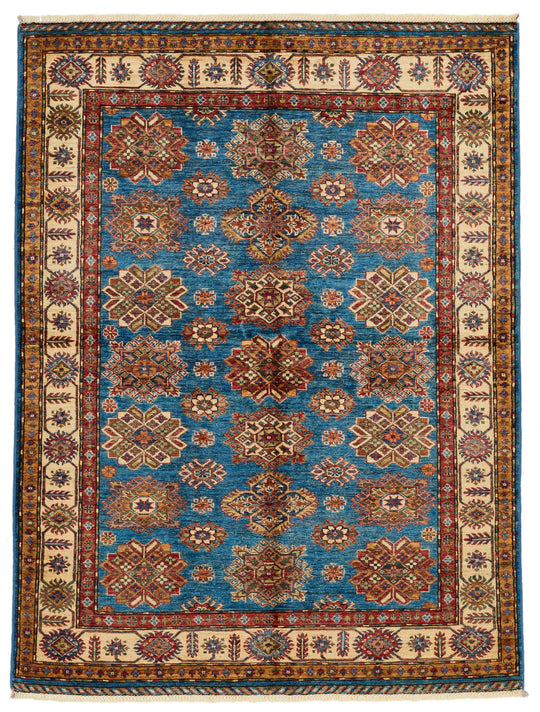 5x7 Blue and Ivory Kazak Tribal Rug