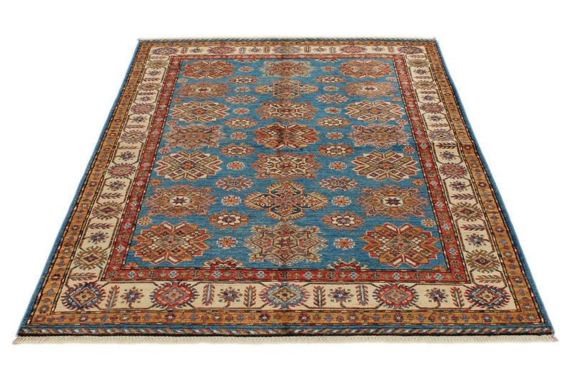 5x7 Blue and Ivory Kazak Tribal Rug