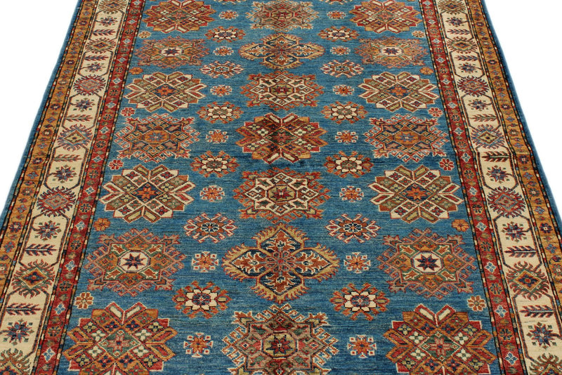 5x7 Blue and Ivory Kazak Tribal Rug