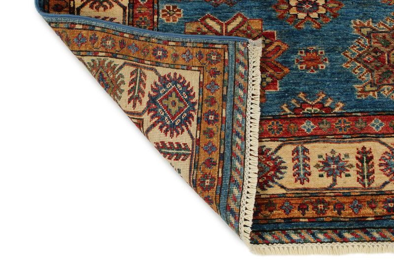 5x7 Blue and Ivory Kazak Tribal Rug