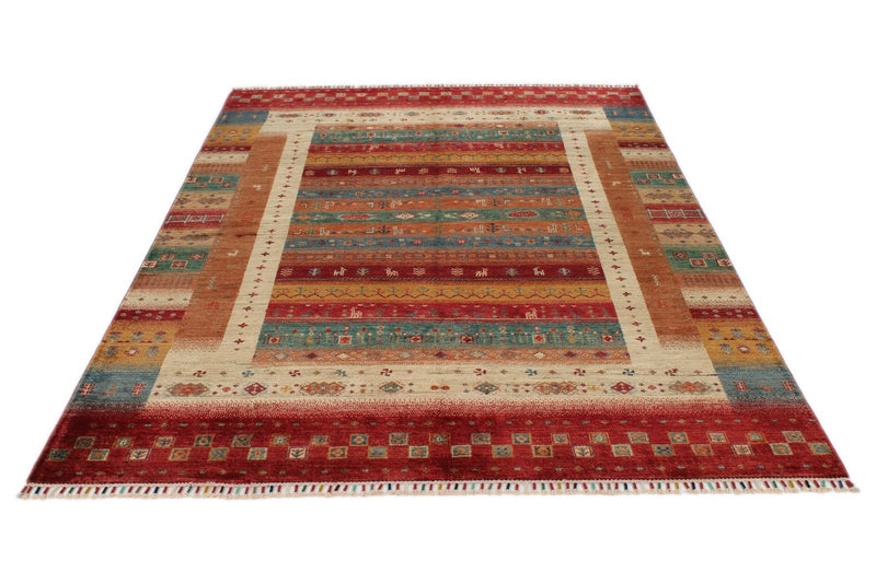 6x8 Multicolor and Red Turkish Tribal Rug