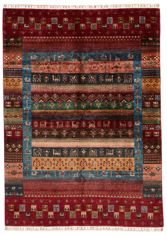 6x8 Multicolor and Red Turkish Tribal Rug