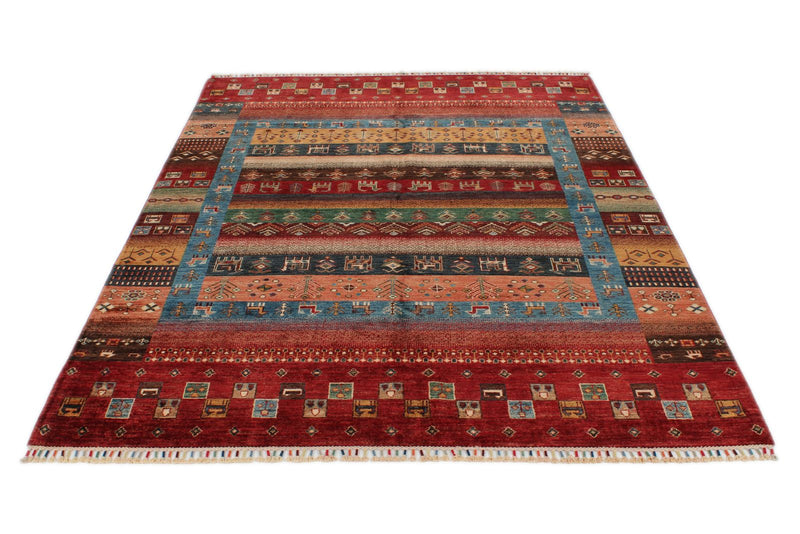 6x8 Multicolor and Red Turkish Tribal Rug