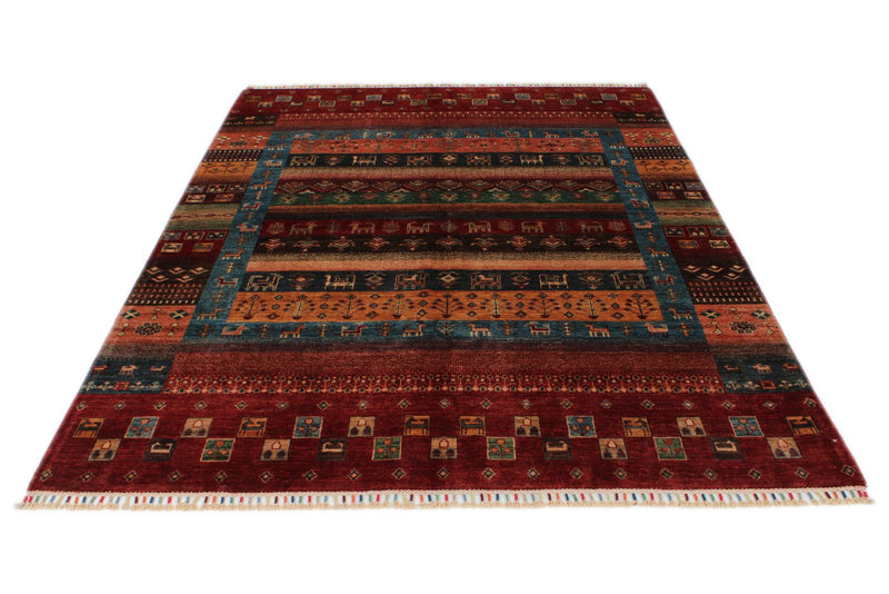 6x8 Multicolor and Red Turkish Tribal Rug