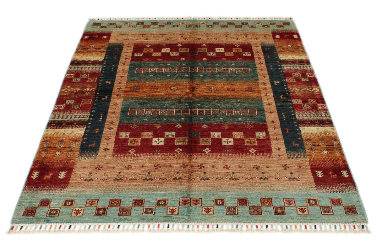5x6 Multicolor and Red Turkish Tribal Rug