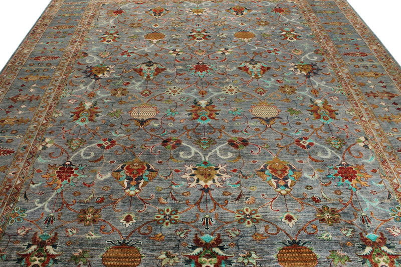 9x12 Gray and Multicolor Turkish Tribal Rug