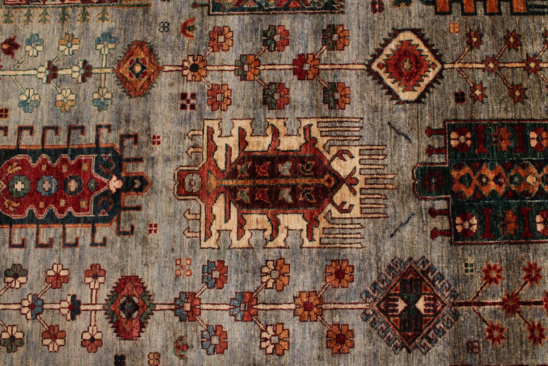 9x12 Light Brown and Multicolor Turkish Tribal Rug