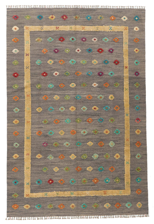 7x10 Gray and Multicolor Turkish Tribal Rug