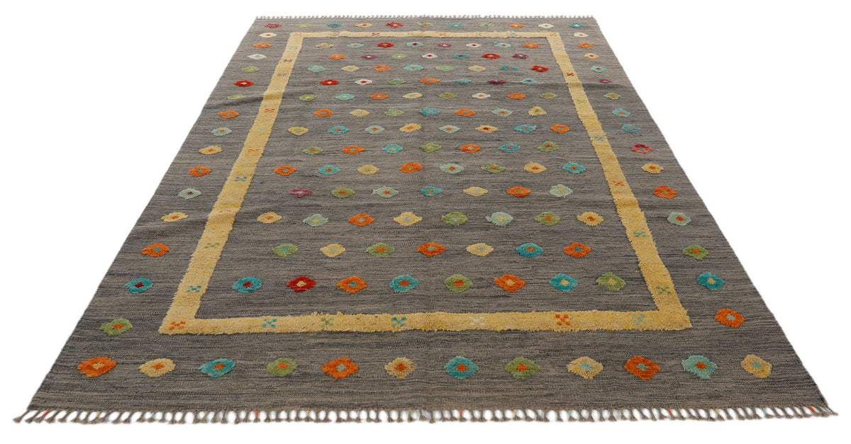 7x10 Gray and Multicolor Turkish Tribal Rug