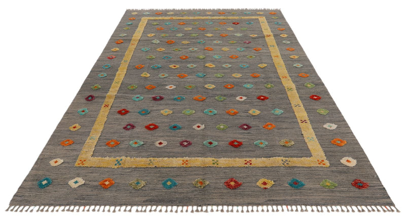 7x10 Gray and Multicolor Turkish Tribal Rug
