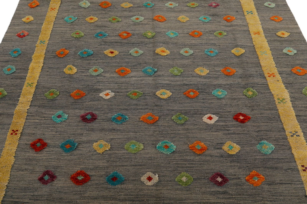 7x10 Gray and Multicolor Turkish Tribal Rug