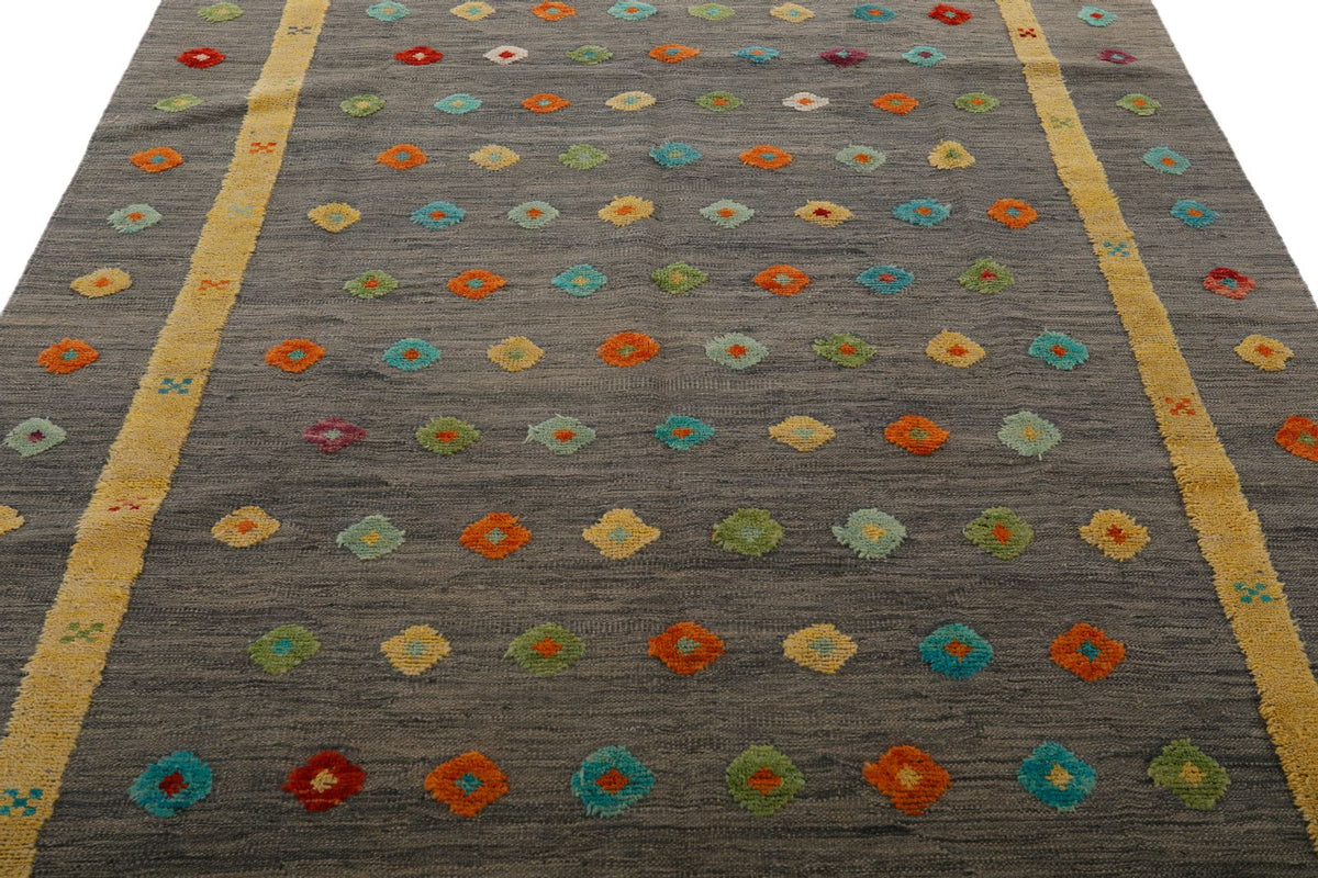 7x10 Gray and Multicolor Turkish Tribal Rug
