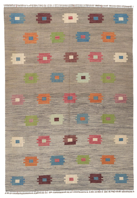 7x10 Gray and Multicolor Turkish Tribal Rug