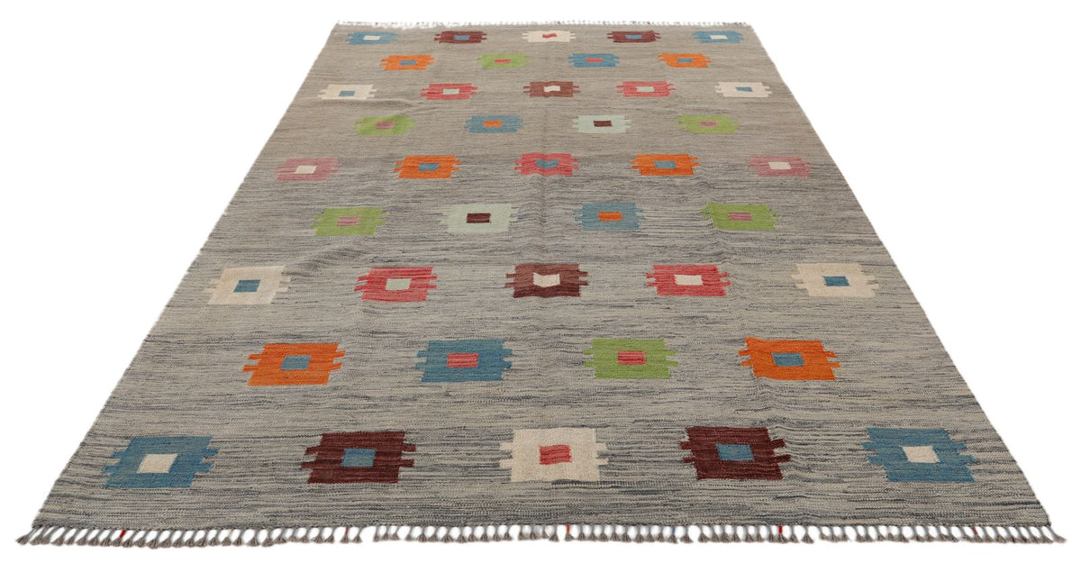 7x10 Gray and Multicolor Turkish Tribal Rug