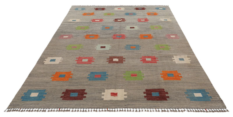 7x10 Gray and Multicolor Turkish Tribal Rug
