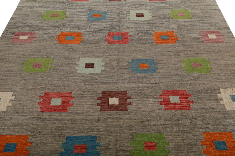 7x10 Gray and Multicolor Turkish Tribal Rug