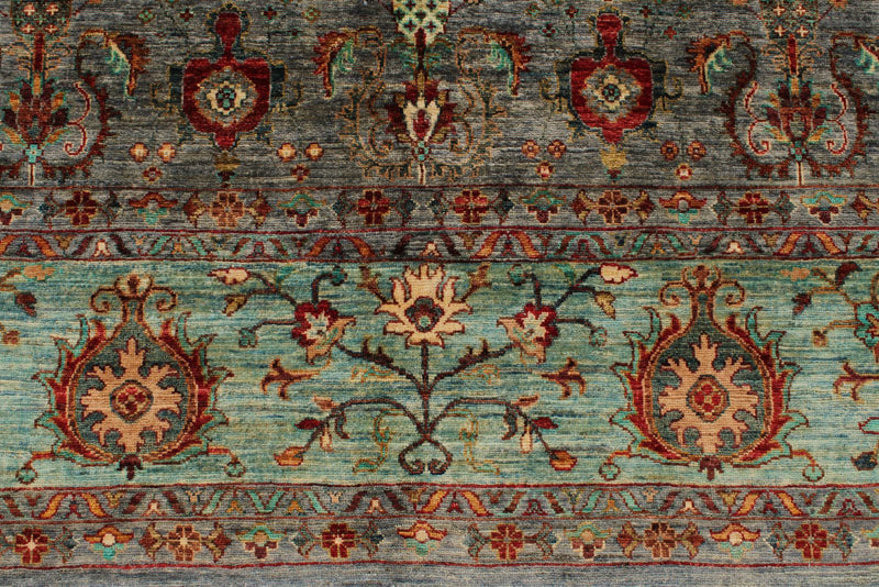 9x12 Gray and Green Turkish Tribal Rug