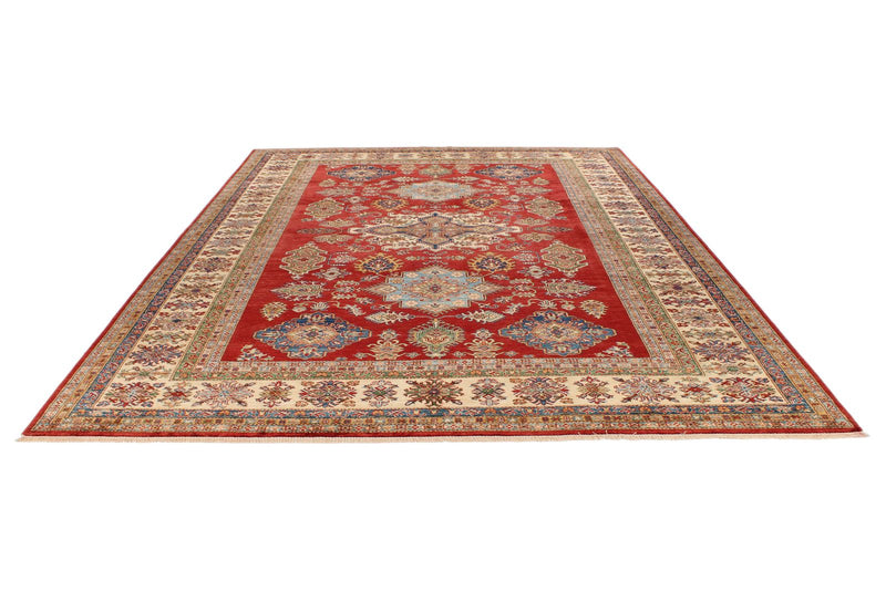 9x12 Red and Ivory Kazak Tribal Rug