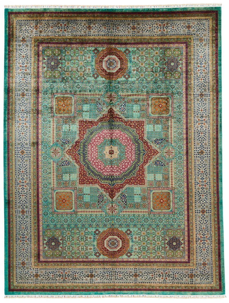 10x13 Green and Gray Turkish Tribal Rug