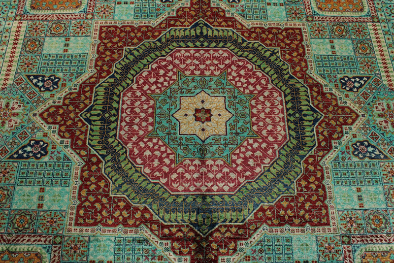 10x13 Green and Gray Turkish Tribal Rug