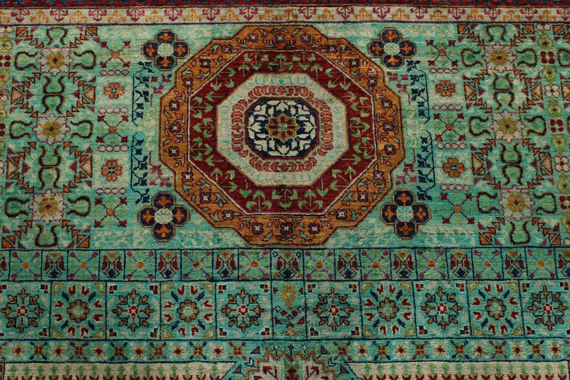 10x13 Green and Gray Turkish Tribal Rug