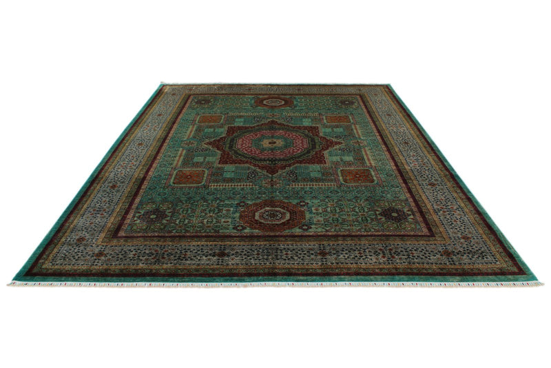 10x13 Green and Gray Turkish Tribal Rug