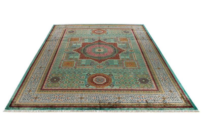 10x13 Green and Gray Turkish Tribal Rug