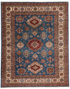 9x11 Blue and Ivory Kazak Tribal Rug